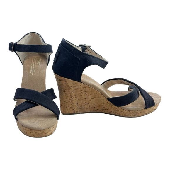 Toms Sierra Women's Canvas Open Toe Criss Cross Cork Wedge Heels Black Size 8.5 - Picture 2 of 11
